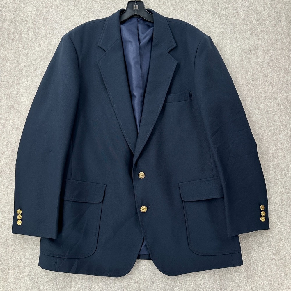 Haggar USA Made Blazer Jacket Mens 44R Navy‎ Blue Solid Brass Metal Buttons